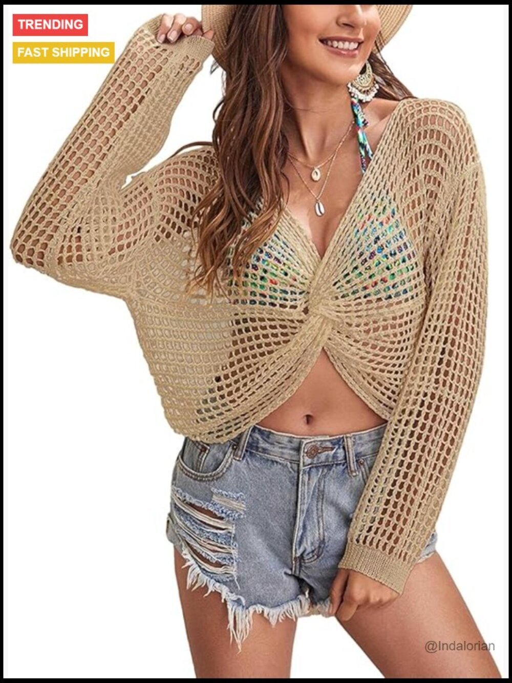 Crochet Knit Twist Knot Long Sleeve Crop Top Beach Cover Up
